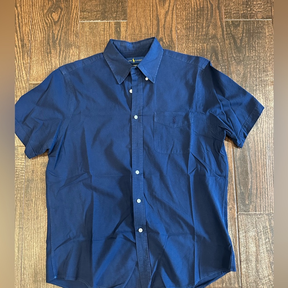 Polo Ralph Lauren men’s short sleeve button up seersucker navy blue medium